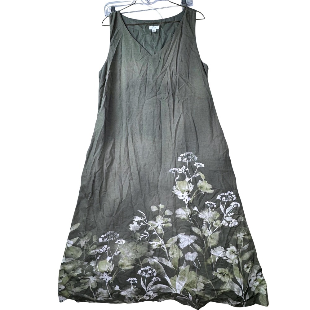 Pure Jill Boho Dress Womens Medium Petite Olive Green Floral Sleeveless Midi